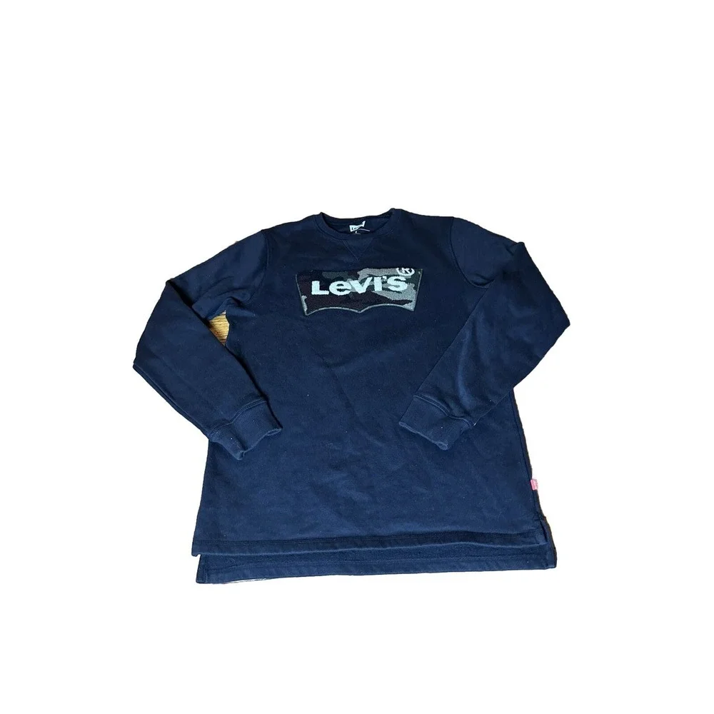 Levis Sweatshirt Mens Size S‎ Black Crewneck Pullover Chest Logo Camo Puffy LOGO